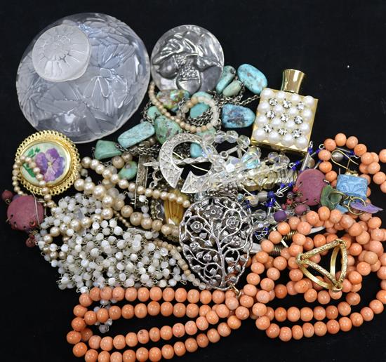 A French scent bottle, coral beads and mixed costume jewellery.